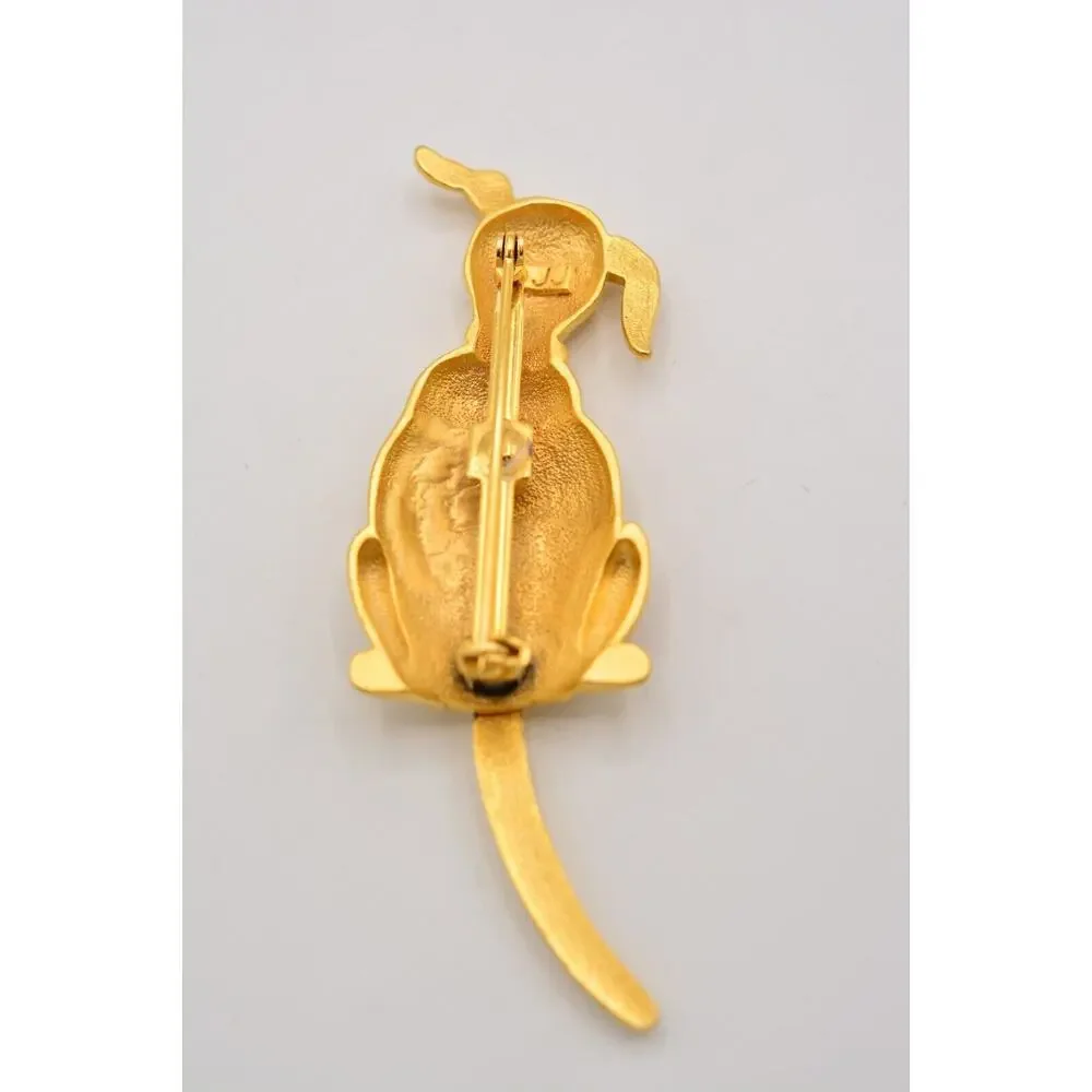 JJ Vintage Dog Pin Brooch Wagging Tail Sitting Brushed Gold Signed 1980s Bin4